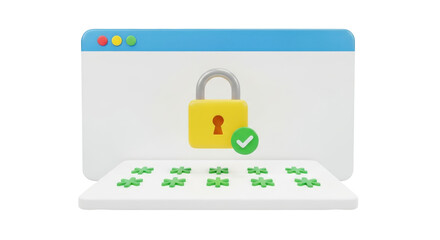 Digital security lock with financial approval symbol and money icons.