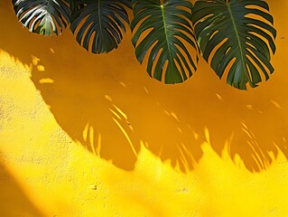Tropical monstera leaves cast shadow on bright yellow textured wall backdrop
