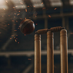 close up of cricket ball hitting stumps dramatic