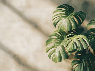 Tropical monstera plant leaves against textured wall casting shadows background.