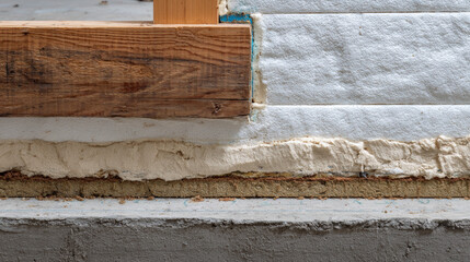 Wooden beam layered wall insulation with foam sealant and masonry base, textured construction detail showing material contrast and tactile warmth