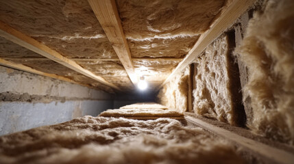 Insulation attic fiberglass loft ceiling light bulb Warm insulated attic space with fiberglass insulation batts and wooden joist framing soft light