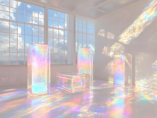 Iridescent glass furniture reflecting sunlight in bright room interior design