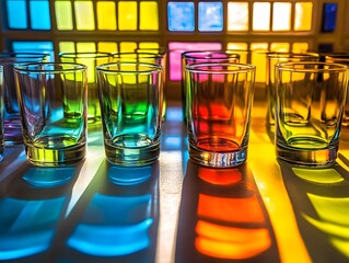 Colorful Light Refraction Through Clear Glasses Creating Rainbow Shadows
