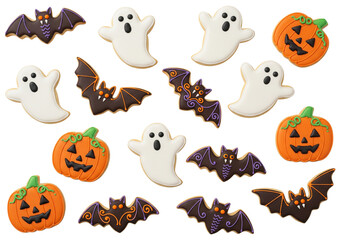 Naklejka premium Spooky Sweet Halloween Treats: Collection of Decorated Sugar Cookies featuring Ghosts, Bats, and Jack-o'-Lanterns Isolated on White.