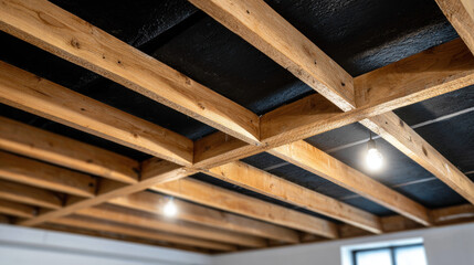 Exposed wooden ceiling beam attic insulation open ceiling structure hanging light bulb basement renovation construction detail