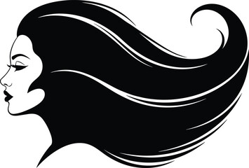 Stylized woman profile with flowing hair, black and white vector illustration, elegant beauty design, minimalist line art, feminine silhouette concept