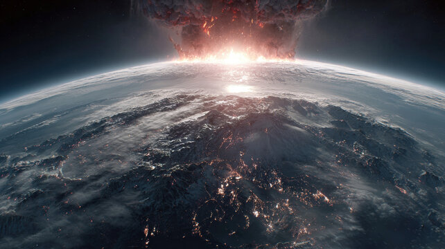 Massive Nuclear Explosion or Asteroid Impact on Earth Surface Viewed from Outer Space with Atmospheric Blast - Powered by Adobe