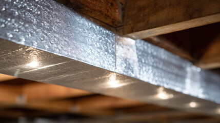 Insulated ductwork under wooden ceiling with reflective foil surface and soft lighting creating warm construction detail
