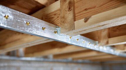 Metal furring channel under wooden joist providing insulated wall support and construction detail, bright closeup with warm tone