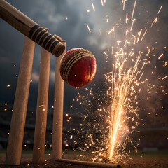 close up of cricket ball hitting stumps dramatic