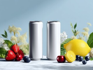 blank beverage cans surrounded by fresh fruits including cherries, strawberries, lemons and blueberries on white background, product mockup concept