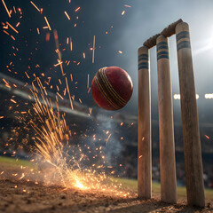 close up of cricket ball hitting stumps dramatic