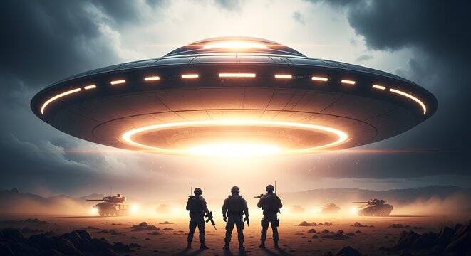 Three soldiers stand facing a massive, glowing alien ufo hovering ominously in a cloudy, desolate landscape with military vehicles in the background