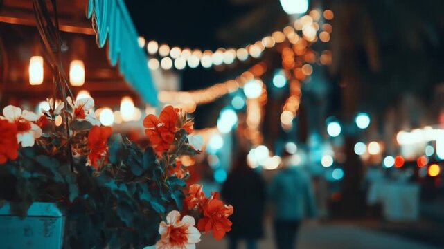 Vivid red and white flowers bloom at night, bathed in the soft glow of festive string lights and bokeh