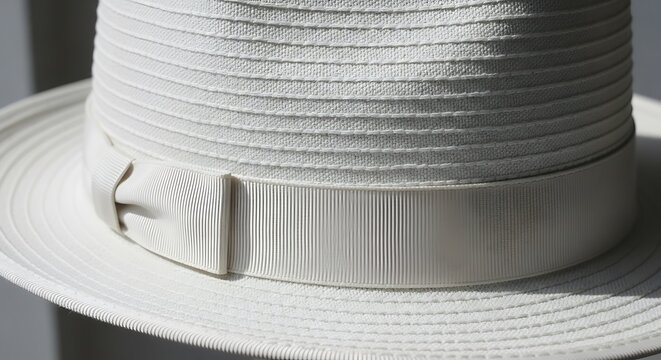 Close-up of a stylish white fedora hat with a ribbon band.