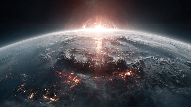Massive Nuclear Explosion or Asteroid Impact on Earth Surface Viewed from Outer Space with Atmospheric Blast - Powered by Adobe