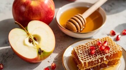 Apple, honeycomb, pomegranate seeds and honey sliced apple
