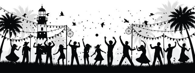 Tropical festival silhouette, dancing people under string lights, coastal celebration with palm trees, dreamcatchers, birds, and lighthouse, joyful outdoor party vector scene