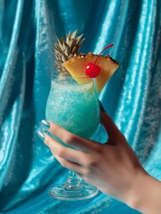 Blue tropical cocktail splash with pineapple and cherry garnish held in hand on turquoise background, refreshing summer drink closeup