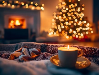 Festive Christmas Cozy Night Scene with Glowing Candle, Tree and Fireplace lights