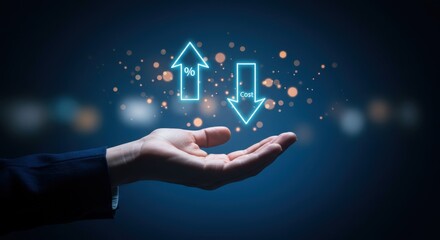 Digital arrows representing data transfer and connectivity above an open hand