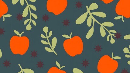Autumn Apple and Leaf Pattern on Dark Teal Background