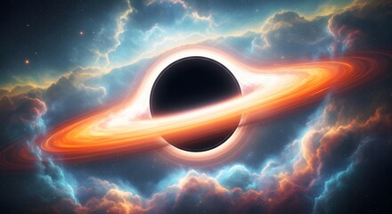 A mesmerizing black hole with a glowing accretion disk, surrounded by colorful nebulae and distant stars, depicting the vastness and mystery of outer space