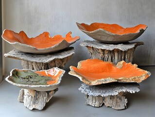 Assortment of Decorative Bowls on Rustic Wood Stands Still Life