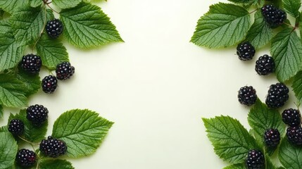 Fresh blackberries and leaves arranged in a frame on a pale background, for food photography or design elements
