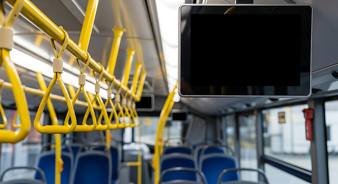 Interior of modern public bus with yellow handrails and digital screen displaying nothing
