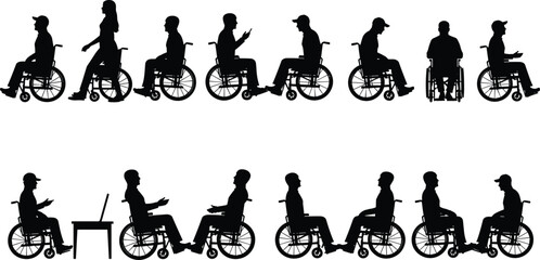 Wheelchair user silhouettes, inclusive mobility icons, disabled people vector, accessibility concept, diverse postures, assistive technology, communication, lifestyle, independence, empowerment