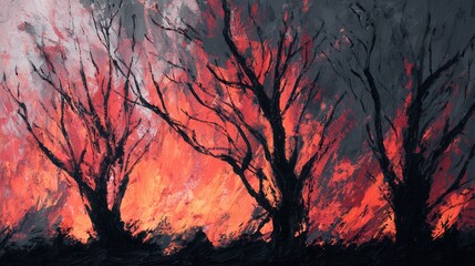 Fototapeta premium Intense forest wildfire with burning trees, expressive artwork capturing environmental destruction and climate urgency
