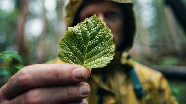 A person holding a leaf in a forest, a scene of forest restoration and biodiversity mapping.