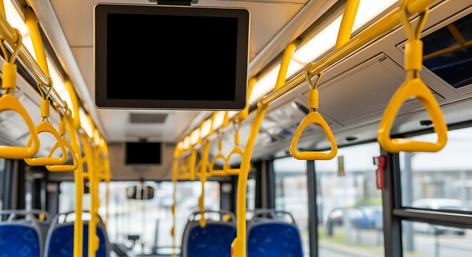Blank advertising screen mockup on a public bus with yellow handrails for passenger safety