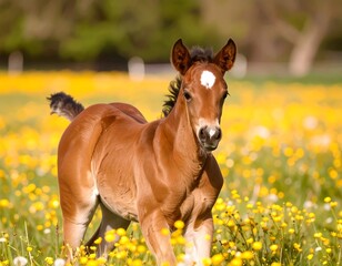 Obraz premium Young foal in a field of wildflowers (1)