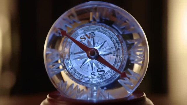 Detailed illuminated compass encased in a clear glass orb navigating direction