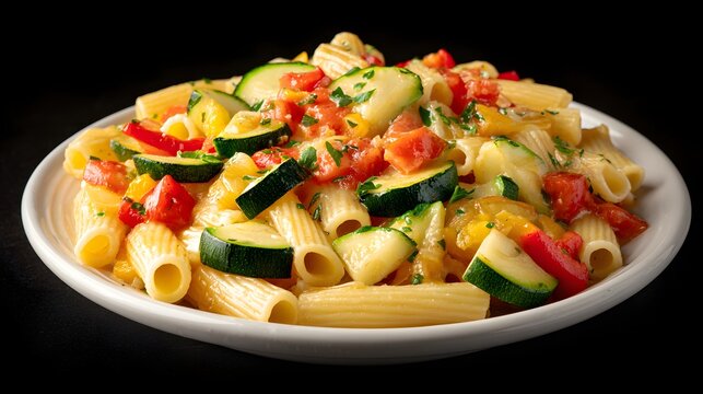 Deliciously prepared pasta dish presented in a white bowl, featuring vibrant rigatoni pasta tubes, colorful chunks of zucchini, red bell peppers, and yellow bell peppers, all complemented by a glossy. - Powered by Adobe