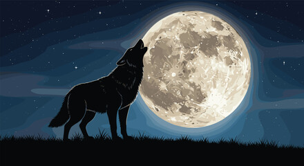 Wolf howling silhouette, full moon night sky vector, wild animal on grass, stars background, nature scene, wilderness, nocturnal wildlife, dramatic illustration
