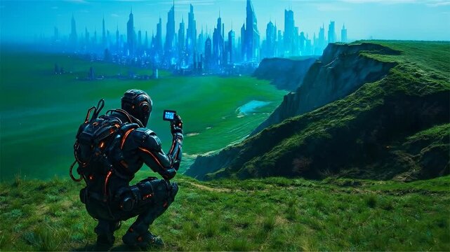 Futuristic Soldier or Explorer Overlooking a Sci-Fi City from a Green Hill