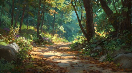 Obraz premium Serene landscape featuring a winding dirt path through a vibrant forest, showcasing lush green foliage, sunlit spaces, and fallen leaves on the ground, portraying a peaceful and inviting environment