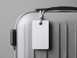 Modern silver suitcase with blank white tag ready for personalized travel details, perfect for vacation planning or luggage branding needs