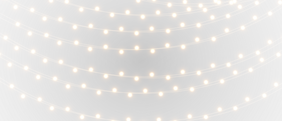 Vector Christmas string lights set, golden glowing bulbs for banners, cards, and New Year festive decor PNG.