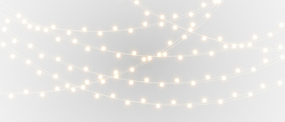 Vector Christmas string lights set, golden glowing bulbs for banners, cards, and New Year festive decor PNG.
