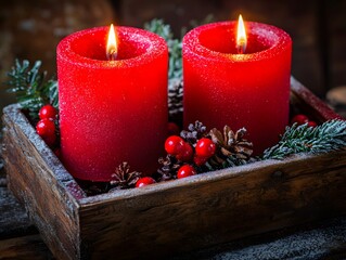 Festive red candles burning with christmas decorations in wooden box
