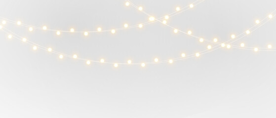 Christmas lights isolated on transparent background. Festive garland with golden bulbs for winter...