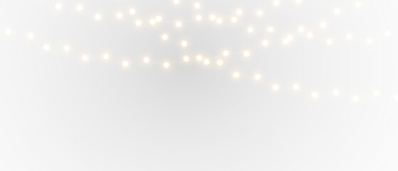 Christmas lights isolated on transparent background. Festive garland with golden bulbs for winter...