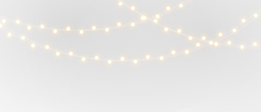 Christmas lights isolated on transparent background. Festive garland with golden bulbs for winter holiday decoration and celebration design.