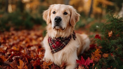 Golden retriever resting among autumn leaves in a forest during a sunny day