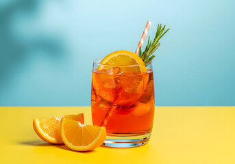 Fototapeta premium Refreshing orange cocktail with garnish and orange slices on a yellow table with blue background